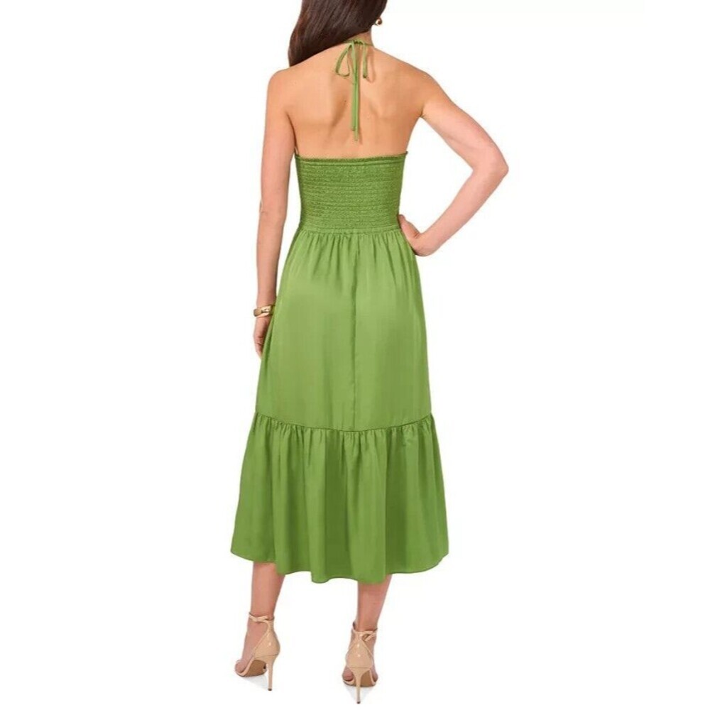 1.STATE Women's Beaded Halter Neck elasticized waist Midi Dress Pockets Green 2 - Picture 5 of 13